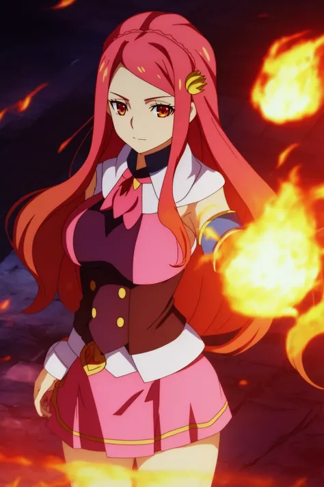 sysdeep_karnatia, 1girl, solo, long_hair, breasts, medium_breasts, orange_eyes, sidelocks, red_hair, looking_at_viewer, magical_girl, pink_skirt, pink_outfit, spell, magic, casting, flames