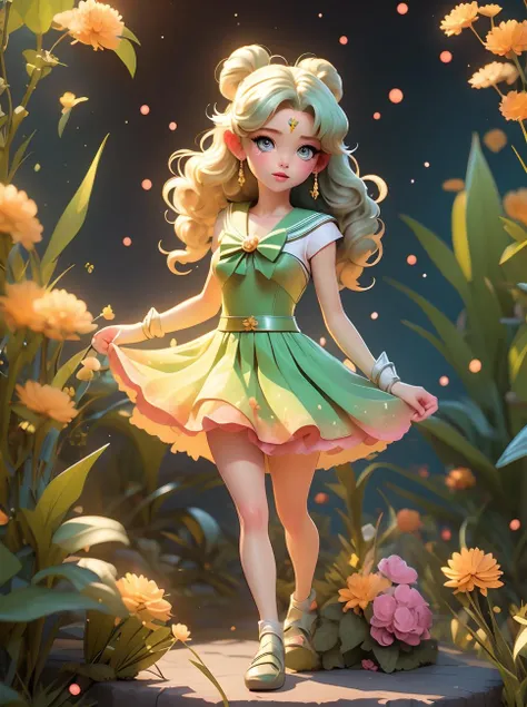 tinkerbell, full body, looking back at viewer, night sky, glowing foliage, short leaf skirt, blushing