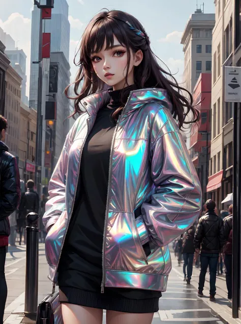 8k, masterpiece, highly detailed, beautiful woman, <lora:n15g_aio_clothing-1.0:0.8>, iridescent puffy jacket