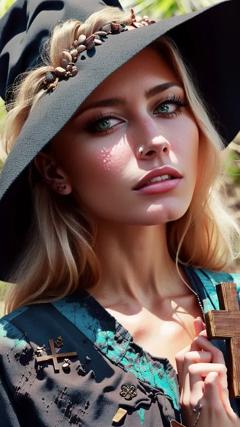 1girl, solo, quiron_AnitaBlond_v1 ((mature female:1.2)), big breasts, (blond hair:1.2) witch, Turquoise intricate clothes, witch hat, ((((cross)))), (((mud clothes))), black mud, (slime girl), crow, liquid clothes,
from the front, sitting, full body, close up,
(swamp, hut, dim light, light rays, outsdoors,)
best quality, highly detailed, hyper realistic style, skindentation, photorealistic painted art, 8k, ultrares, trending on cg society, trending on artstation, vivid color, by Albert Renger-Patzsch,
<lora:quiron_AnitaBlond_v1:1>