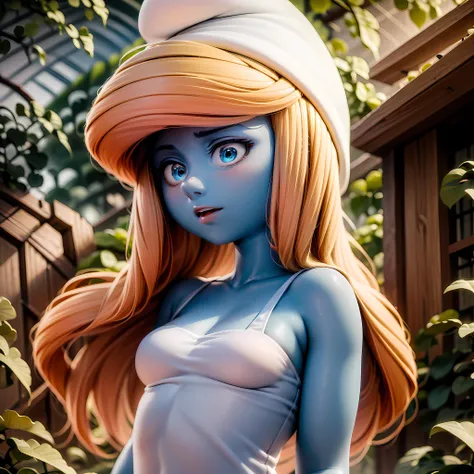 ((masterpiece, best quality)),(complex light),1girl , blonde hair, Smurfette, colored skin, blue skin,<lora:smurfette2:1>, hat, blue eyes,upper body, white dress,