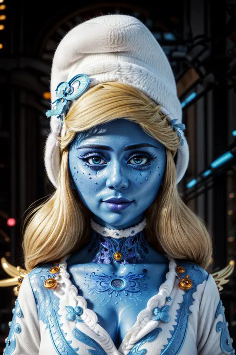 wowifier by mooncryptowow, Hyper detailed ultra sharp, trending on artstation, vibrant aesthetic, bloodwave, colorful, psychedelic, ornate, intricate, digital painting, concept art, smooth, sharp focus, illustration, 8 k, cute girl, white winter coat, masterpiece, best quality, <lora:smurfette1:0.8> blonde hair, Smurfette, colored skin, blue skin, hat <lora:eyeLora_eyesV10:0.4>:1.3 (perfect eyes) <lora:wowifierV2:0.3>