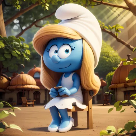 ((masterpiece, best quality)),(complex light), solo,1girl,full body , blonde hair, Smurfette, colored skin, blue skin,<lora:smurfette1:0.8>, hat, white dress, sitting, on chair, forest