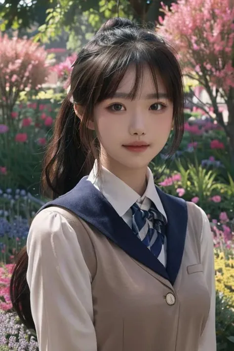 best quality,masterpiece,realistic,HDR,UHD,8K,Highly detailed,1girl,long hair,ponytail,radiant face,sparkling eyes,blush,school uniform,background flower garden,looking at viewer,