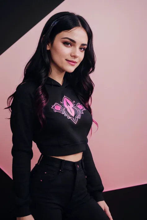 DV_Melania_Vicious ((Black Theme, Black and Pink Backdrop:1.4)) (Close-Up Shot, Face Portrait:1.4) (Brunette:1.4) wearing (Blue Jeans and a Black Sweatshirt :1.4), 35mm, F/2.8, ((Photo Focus, DOF, Aperture, insanely detailed and intricate, character, hypermaximalist, elegant, ornate, beautiful, exotic, revealing, appealing, attractive, amative, hyper realistic, super detailed, heresy flares)) (smiling at viewer) (volumetric pink smoke:1.3) (pink lens flare:1.2)(sharpness:1.3)(details:1.3)
