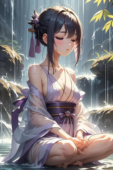 (masterpiece, best quality), 1girl,  Smoky Purple Layered Bob with Side-Swept Bangs, flat chest,  <lora:girlliketakigyoV2:1> takigyo, mudra, close hands together, meditation, falling water hitting body, close eyes, daze eyes, see through hanfu