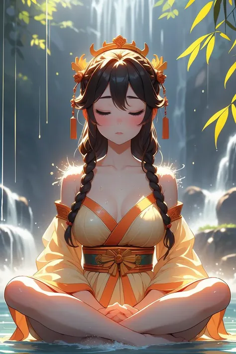 (masterpiece, best quality), 1girl,  Terra cotta Crown Braids with Loose Waves, Size F breasts,  <lora:girlliketakigyoV2:1> takigyo, mudra, close hands together, meditation, falling water hitting body, close eyes, daze eyes, see through hanfu