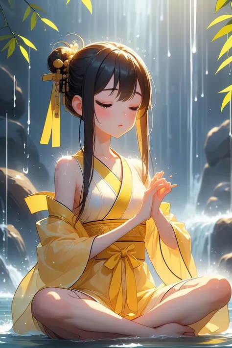 (masterpiece, best quality), 1girl,  Banana yellow Classic Taper Cut with Textured Top, tiny breasts,  <lora:girlliketakigyoV2:1> takigyo, mudra, close hands together, meditation, falling water hitting body, close eyes, daze eyes, see through hanfu