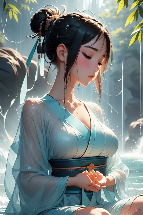 (masterpiece, best quality), 1girl,  Seafoam Twisted Low Ponytail, Size C breasts,  <lora:girlliketakigyoV2:1> takigyo, mudra, close hands together, meditation, falling water hitting body, close eyes, daze eyes, see through hanfu