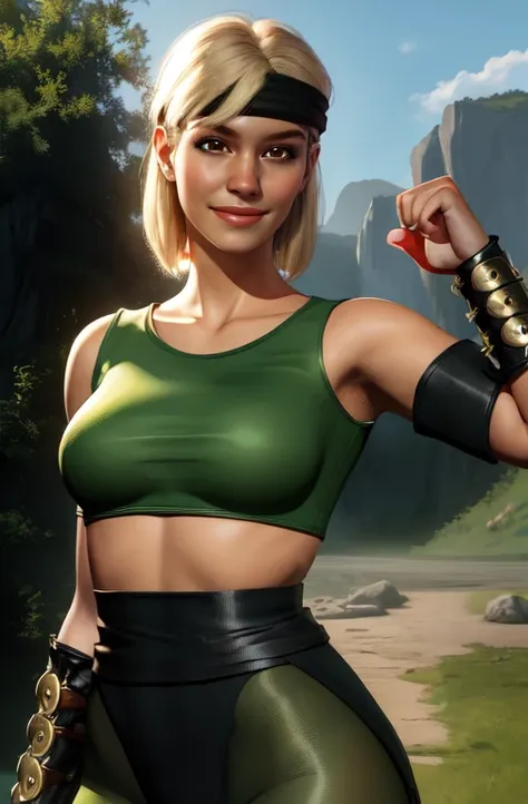 Sonyamk1, blonde hair, brown eyes, headband, green crop top, green and black pantyhose, black bracers, upper body,
standing, smile, outdoors, (insanely detailed, beautiful detailed face, masterpiece, best quality)
<lora:Sonyamk1-10v7:0.8>