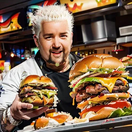 (photograph, raw, high resolution, detailed), <lora:guyfieri_v1:1> (guyfieri), man, human male, goatee, white hair, sweating, 
holding large juicy burger,  <lora:FoodPorn_v2:0.5> foodporn, savory