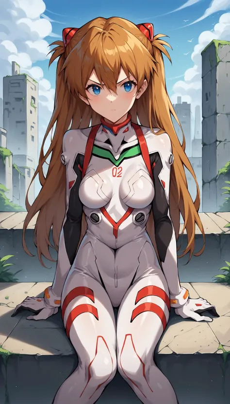 (high resolution),(high resolution),(High definition),(8K),Girl 1,corridor, Soryu Asuka Langley, Interface Headset、Rainbow Order、White bodysuit、blush、Embarrassed expression、Spread your legs、Spread your legs、Outdoors、From below、