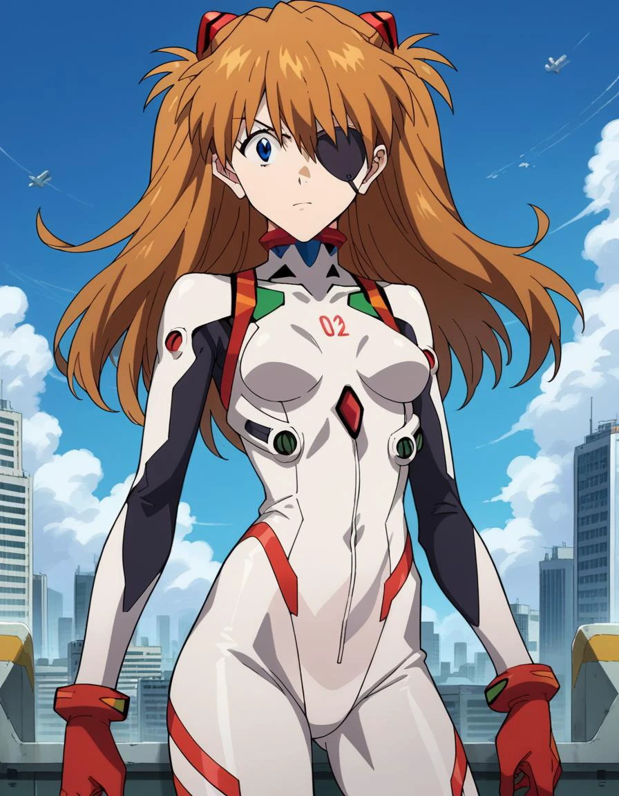 score_9, score_8_up, score_7_up, source_anime,
asukalangley, <lora:asuka-langley-soryu-rebuild-ponyxl-lora-nochekaiser:1>,
asuka langley soryu, long hair, bangs, blue eyes, brown hair, hair ornament,
eyepatch, bodysuit, pilot suit, plugsuit, white bodysuit, interface headset,
outdoors, cityscape,
looking at viewer, dutch angle, cowboy shot,