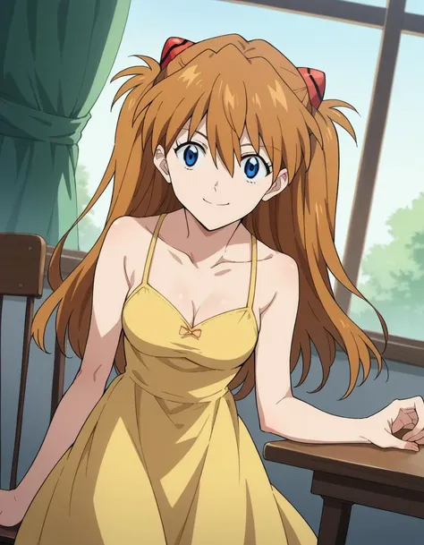 score_9, score_8_up, score_7_up, source_anime,
asukalangley, <lora:asuka-langley-soryu-rebuild-ponyxl-lora-nochekaiser:1>,
asuka langley soryu, long hair, bangs, blue eyes, brown hair, hair ornament,
dress, cleavage, yellow dress, sundress, collarbone, bare shoulders,
indoors, table, chair, smile,
looking at viewer, dutch angle, cowboy shot,