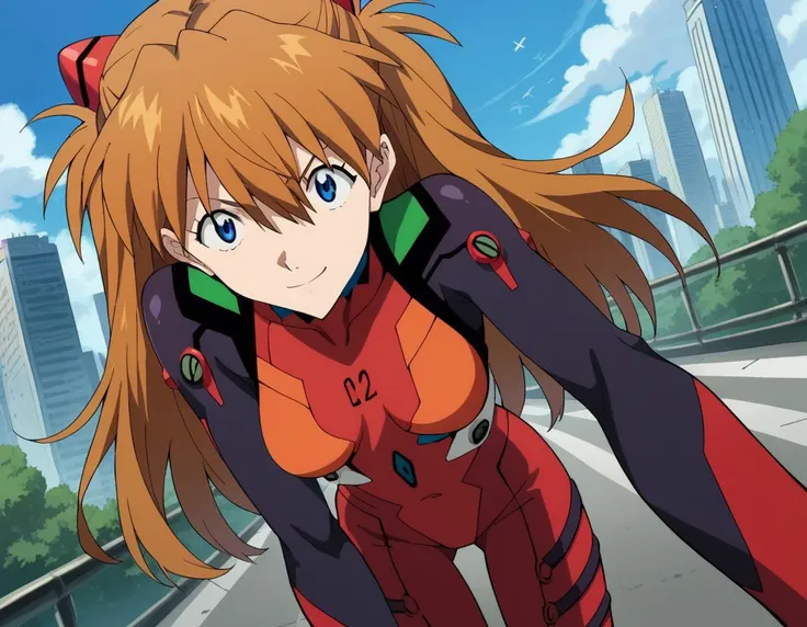 score_9, score_8_up, score_7_up, source_anime,
asukalangley, <lora:asuka-langley-soryu-rebuild-ponyxl-lora-nochekaiser:1>,
asuka langley soryu, long hair, bangs, blue eyes, brown hair, hair ornament,
bodysuit, pilot suit, plugsuit, red bodysuit, interface headset,
outdoors, cityscape, smile, bent over,
looking at viewer, dutch angle, cowboy shot,