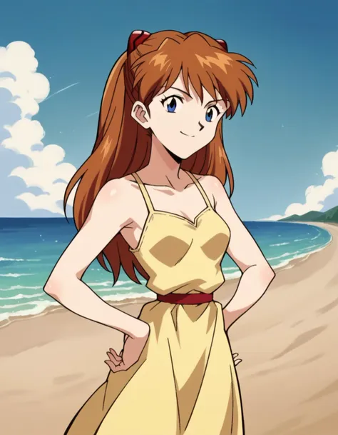 score_9, score_8_up, score_7_up, source_anime,
asuka langley soryu,  <lora:asuka-langley-soryuu-classic-ponyxl-lora-nochekaiser:1>,
asuka langley soryu, long hair, bangs, blue eyes, brown hair, hair ornament,
dress, yellow dress, sundress, collarbone, bare shoulders,
beach, hands on hips, smile,
cowboy shot, looking at viewer, solo, dutch angle,