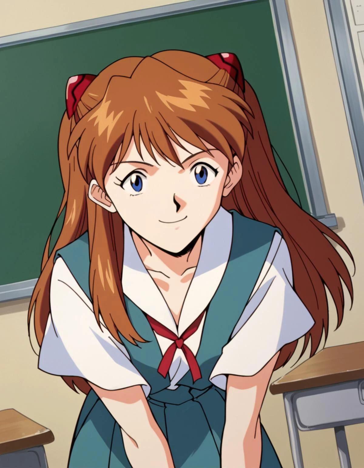 score_9, score_8_up, score_7_up, source_anime,
asuka langley soryu, <lora:asuka-langley-soryuu-classic-ponyxl-lora-nochekaiser:1>,
asuka langley soryu, long hair, bangs, blue eyes, brown hair, hair ornament,
school uniform, tokyo-3 middle school uniform,
classroom, bent over, smile,
cowboy shot, looking at viewer, solo, dutch angle,