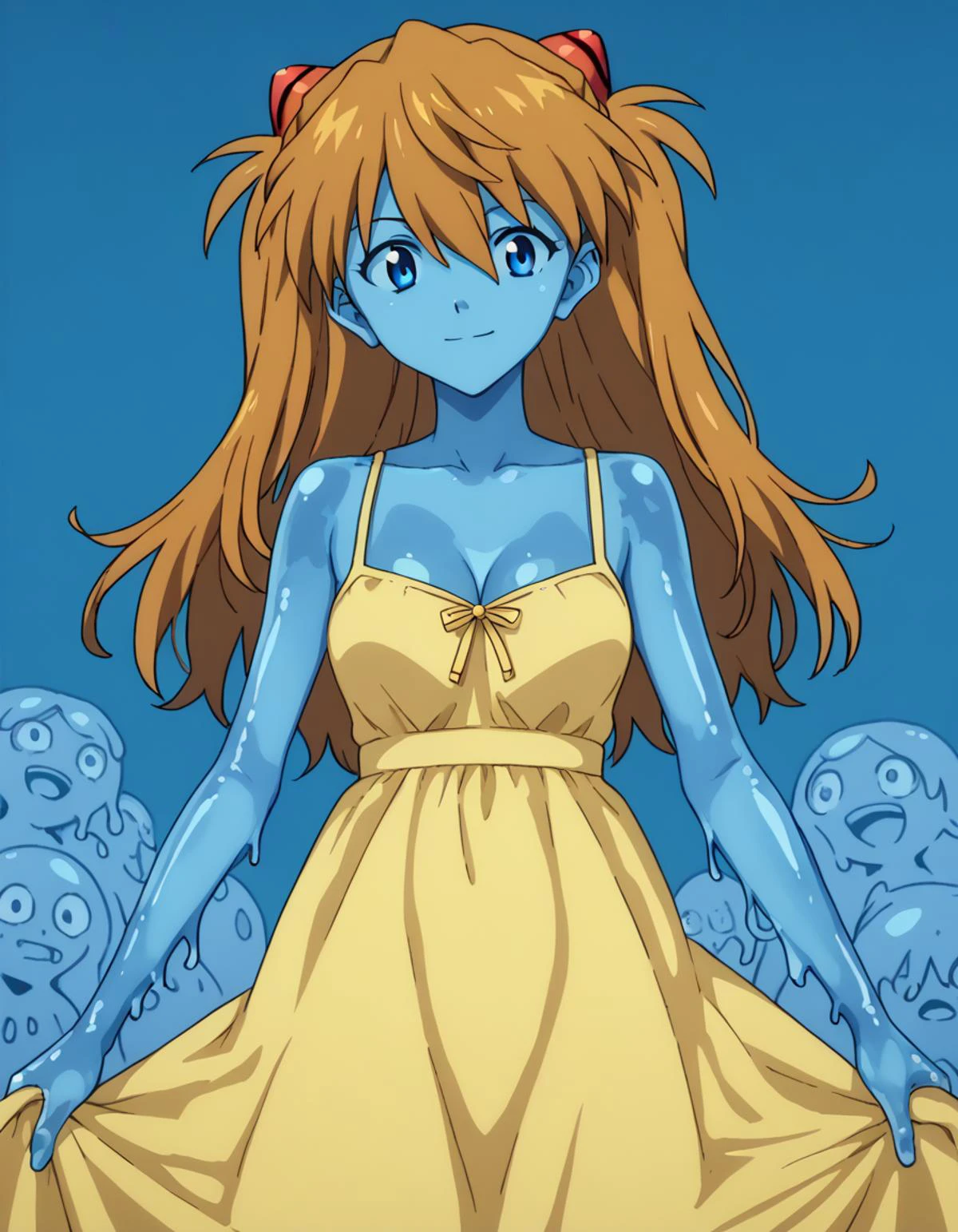 score_9, score_8_up, score_7_up, source_anime,
asukalangley, <lora:asuka-langley-soryu-rebuild-ponyxl-lora-nochekaiser:1>,
asuka langley soryu, long hair, bangs, blue eyes, brown hair, hair ornament,
dress, cleavage, yellow dress, sundress, collarbone, bare shoulders,
smile, <lora:slime-girl-ponyxl-lora-nochekaiser:1>, slime girl, monster girl, slime (substance), slimification, blue skin, see-through body, colored skin,
looking at viewer, cowboy shot, solo,