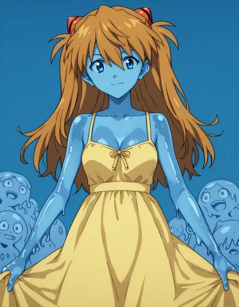 score_9, score_8_up, score_7_up, source_anime,
asukalangley, <lora:asuka-langley-soryu-rebuild-ponyxl-lora-nochekaiser:1>,
asuka langley soryu, long hair, bangs, blue eyes, brown hair, hair ornament,
dress, cleavage, yellow dress, sundress, collarbone, bare shoulders,
smile, <lora:slime-girl-ponyxl-lora-nochekaiser:1>, slime girl, monster girl, slime (substance), slimification, blue skin, see-through body, colored skin,
looking at viewer, cowboy shot, solo,