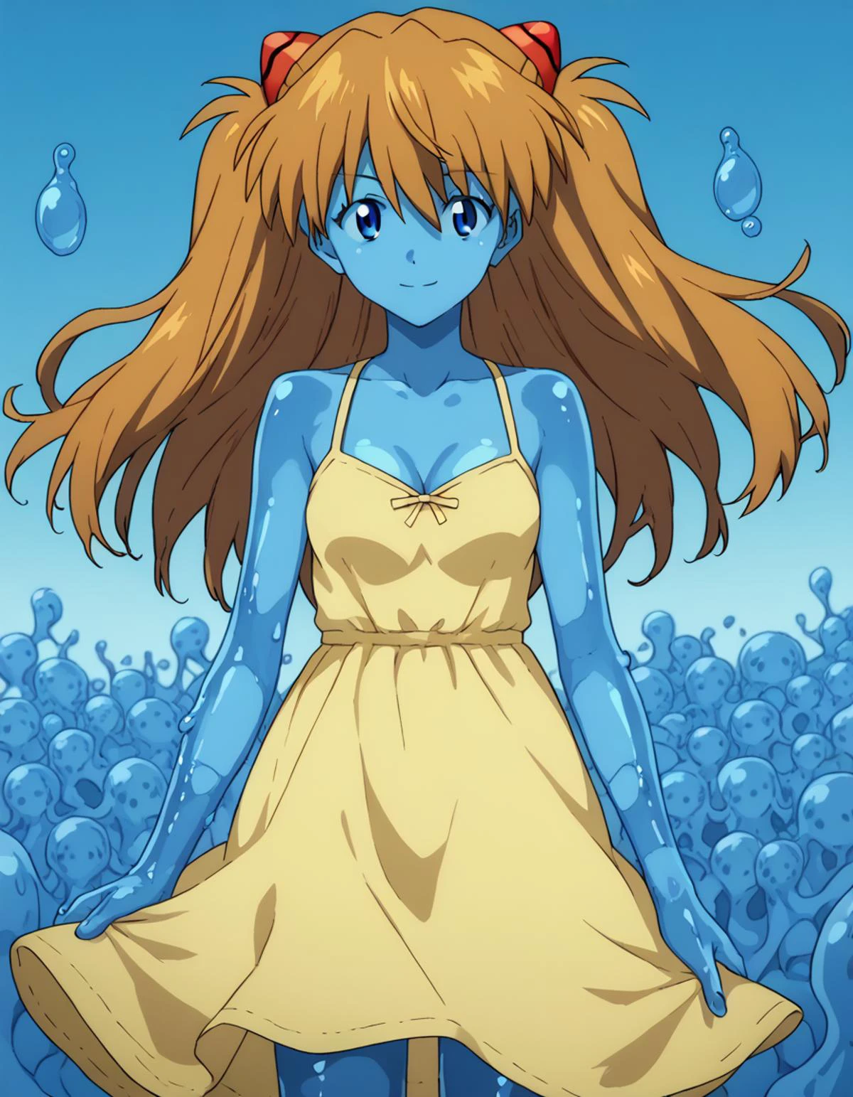 score_9, score_8_up, score_7_up, source_anime,
asukalangley, <lora:asuka-langley-soryu-rebuild-ponyxl-lora-nochekaiser:1>,
asuka langley soryu, long hair, bangs, blue eyes, brown hair, hair ornament,
dress, cleavage, yellow dress, sundress, collarbone, bare shoulders,
smile, <lora:slime-girl-ponyxl-lora-nochekaiser:1>, slime girl, monster girl, slime (substance), slimification, blue skin, see-through body, colored skin,
looking at viewer, cowboy shot, solo,