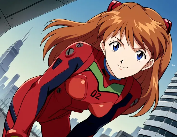 score_9, score_8_up, score_7_up, source_anime,
asuka langley soryu,  <lora:asuka-langley-soryuu-classic-ponyxl-lora-nochekaiser:1>,
asuka langley soryu, long hair, bangs, blue eyes, brown hair, hair ornament,
bodysuit, pilot suit, plugsuit, red bodysuit, interface headset,
outdoors, cityscape, bent over, smile,
cowboy shot, looking at viewer, solo, dutch angle,