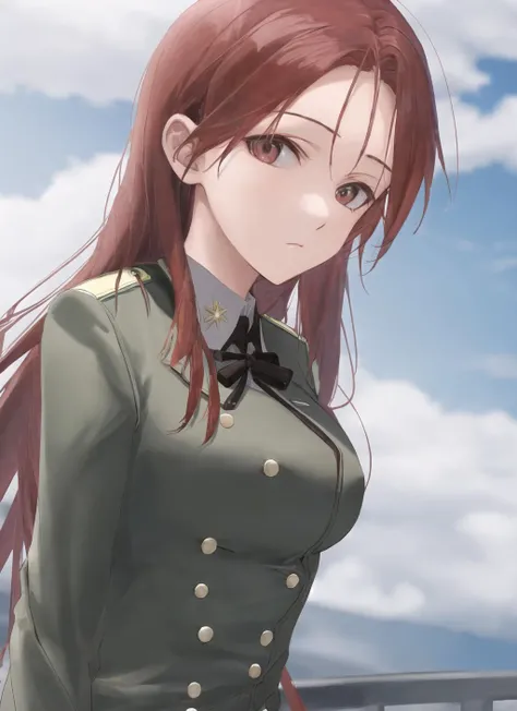 <lora:Minna-10:1> Minna , uniform , black panties , military , red hair , portrait , upper body , spring ,