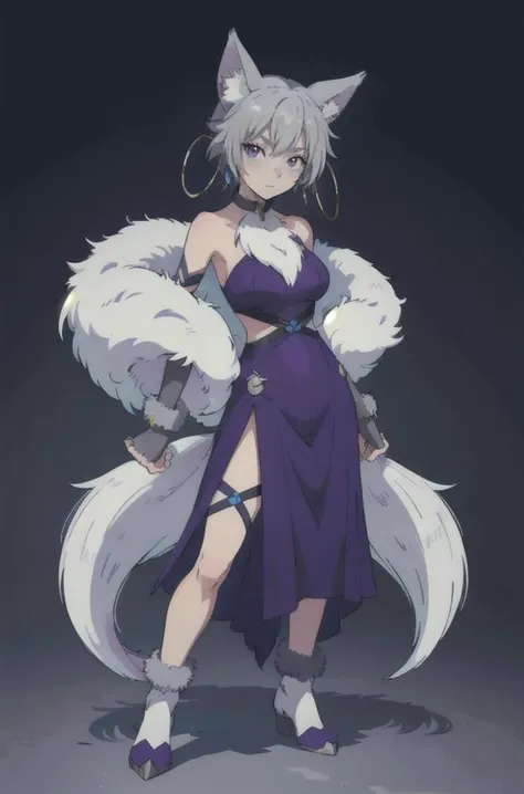 1girl, SDOuka, grey hair, wolf ears, wolf tail, hoop earrings, gloves, paw shoes, grey chest fluff, claws, fur, purple dress, (masterpiece:1.2), best quality, crisp, clear, highres, <lora:Ouka-14:0.7>, <lora:GoodHands-beta2_Envy:1>