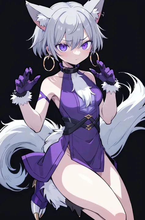 1girl, SDOuka, grey hair, wolf ears, wolf tail, hoop earrings, gloves, paw shoes, grey chest fluff, claws, fur, purple dress, (masterpiece:1.2), best quality, crisp, clear, highres, <lora:Ouka-14:0.7>, <lora:GoodHands-beta2_Envy:1>