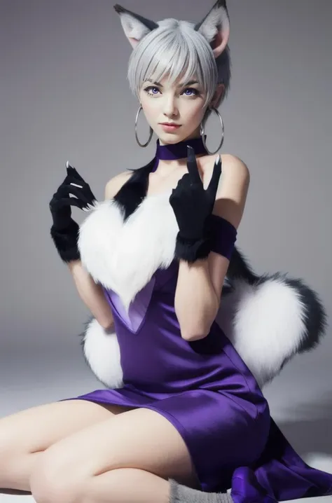 1girl, SDOuka, grey hair, wolf ears, wolf tail, hoop earrings, gloves, paw shoes, grey chest fluff, claws, fur, purple dress, (masterpiece:1.2), best quality, crisp, clear, highres, <lora:Ouka-14:0.7>, <lora:GoodHands-beta2_Envy:1>