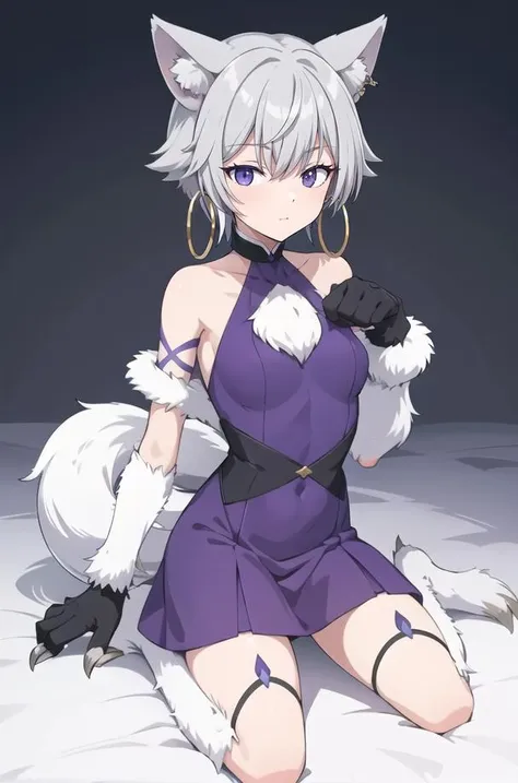 1girl, SDOuka, grey hair, wolf ears, wolf tail, hoop earrings, gloves, paw shoes, grey chest fluff, claws, fur, purple dress, (masterpiece:1.2), best quality, crisp, clear, highres, <lora:Ouka-14:0.7>, <lora:GoodHands-beta2_Envy:1>