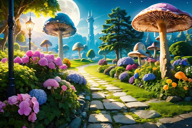 (Realistic:1.5) EdobFairyTaleLandscape, hydrangea, signature, mushroom, short hair, green theme, moon, rock, lamppost, light rays, no humans, <lora:EdobFairyTaleLandscape_v1.0:0.8>