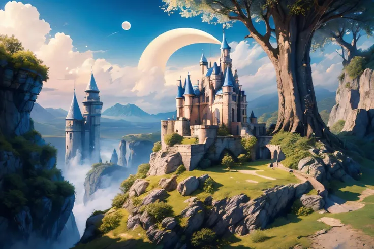 (Realistic:1.5) EdobFairyTaleLandscape, sitting, solo, blue sky, cliff, crescent moon, sunbeam, tower, sun, 1girl, fantasy, <lora:EdobFairyTaleLandscape_v1.0:0.8>