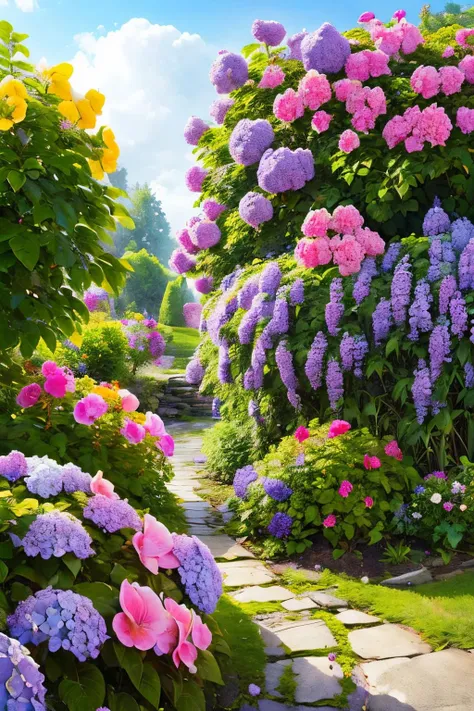 (Realistic:1.5) EdobFairyTaleLandscape, rain, scenery, sky, hydrangea, dated, purple flower, signature, ruins, garden, green theme, <lora:EdobFairyTaleLandscape_v1.0:0.8>