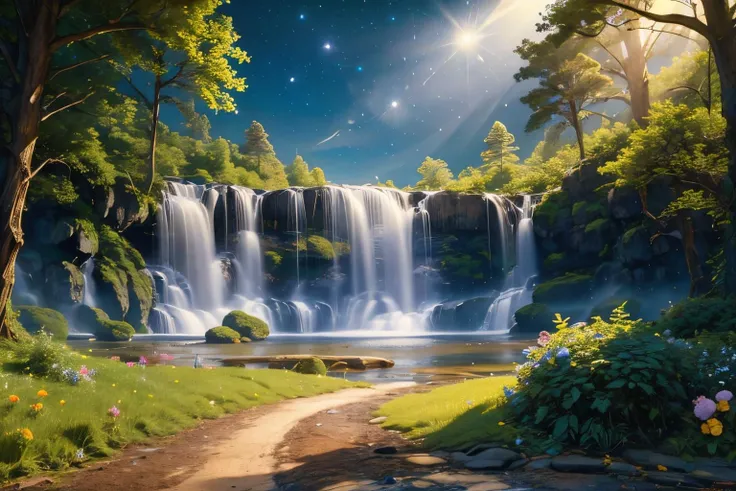 (Realistic:1.5) EdobFairyTaleLandscape, planet, field, sitting, road, sunbeam, forest, night sky, solo, star (sky), waterfall, <lora:EdobFairyTaleLandscape_v1.0:0.8>