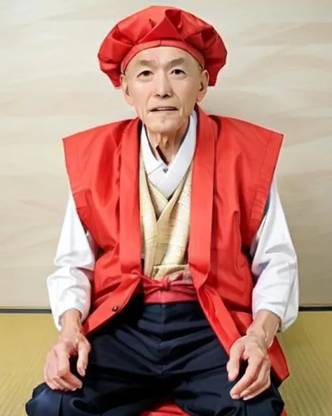 red hat, gilet, <lora:gilet_for_level61_v1:0.7>, old man, fan, zabuton, hanbok, 1boy, what, real life insert