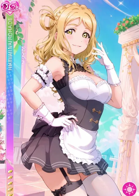 masterpiece, best quality, masterpiece, <lora:loveLiveSchoolIdol_v10:1>, ((LLCard)), ((UR rarity)),(pink attribute:1.2),hand on hip,
1girl, apron, blonde_hair, breasts, cleavage, crown_braid, detached_collar, enmaided, frilled_apron, frills, garter_straps, gloves, hand_on_hip, large_breasts, looking_at_viewer, maid, maid_apron, maid_headdress, medium_hair, ohara_mari, signature, skirt, smile, solo, thighhighs, waist_apron, white_apron, white_gloves, white_legwear, yellow_eyes,<lora:mari:0.8>,