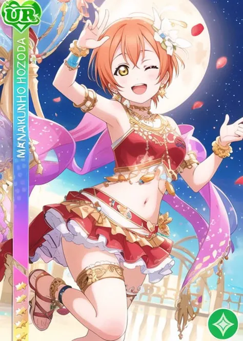 masterpiece, best quality, masterpiece, <lora:LLCard:1>, LLCard, UR rarity, detailed background, green attribute, (hoshizora rin:1.3), one eye closed, jewelry, dancing, dancer, yellow eyes, smile, short hair, moon, orange hair, star \(sky\), veil, pillar, barefoot, skirt, arabian clothes, starry sky, sky, earrings, night, looking at viewer, standing on one leg, night sky, standing, necklace, anklet, circlet, column, see-through, frills, bare shoulders, harem outfit, star \(symbol\), full moon, arm up, armlet, petals, sparkle, bracelet, leg up, gem, ankle lace-up, frilled skirt, midriff, choker, collarbone, thigh strap, barefoot sandals, sun symbol, thighlet, sandals, cross-laced footwear, (dont mess up the hands:1.4)