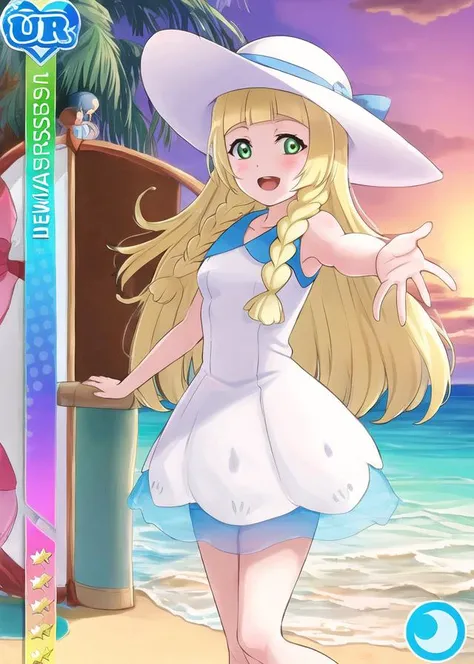 masterpiece, best quality, masterpiece, white dress, short dress, standing, (beach:1.2), barefoot, sunset, looking at viewer, sun hat, red sky, twin braids, waves, water drops, open mouth, outstretched arms, <lora:LLCard:1>, LLCard, (UR rarity:1.2), (detailed background:1.1), (blue attribute:1.2), <lora:SD15LoraCharacterPokemon_v1_{character_pokemon_lillie}:0.7>, character_pokemon_lillie, bare legs, nice hands, standing in water