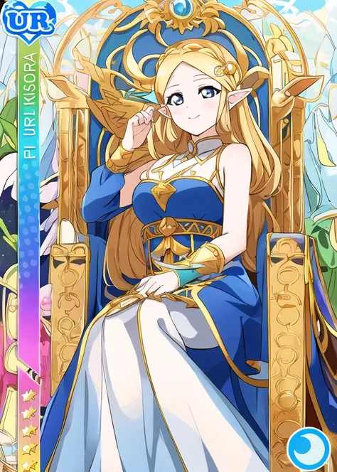 masterpiece, best quality, masterpiece, <lora:LLCard:1>, (LLCard:1.1), (UR rarity:1.1), (detailed background:1.1), (blue attribute:1.2), <lora:princessZeldaLora_v1_{princess_zelda}:0.6>, princess_zelda, royal dress, tiara, throne room, sitting, throne, gold, triforce, blue dress, blue eyes