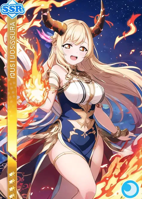 masterpiece, best quality, masterpiece, <lora:LLCard:1>, (LLCard:1.1), SSR rarity, detailed background, blue attribute, Mighty dragon girl, shimmering scales, red, orange, gold, flaming body, raw power, fiery energy, burning embers, sharp claws, firm grip, majestic horns, curling skyward, hot coals, flickering flame, fierce flames, swirling body, jet of fire, palpable heat, flaming tail, resilient, unyielding, fierce determination, elegant, graceful, fearsome appearance, poise, dignity, queen of the skies, majestic, imposing, sight to behold, flame and fury, raw power, untamed energy, resplendent glory, goddess of fire.