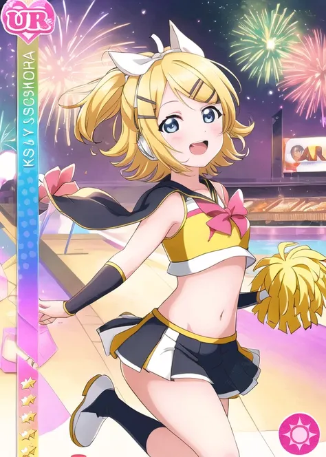 masterpiece, best quality, masterpiece, <lora:LLCard:1>, (LLCard:1.1), (UR rarity:1.1), (detailed background:1.1), (pink attribute:1.2), cheerleader, pom pom \(cheerleading\), <lora:KagamineRin_kagamineRin_{kagamine_rin}:0.7>, kagamine_rin, standing, leg up, field, fireworks,