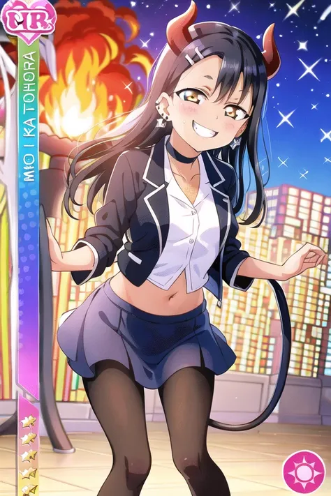 masterpiece, best quality, masterpiece, <lora:LLCard:1>, (LLCard:1.1), UR rarity, detailed background, pink attribute, nagatoro hayase, <lora:nagatoro:0.9>, nagatoro, small breasts, demon horns, demon tail, demon wings, (devil cosplay, black outfit, black jacket, black pantyhose), silk, choker, asymmetrical hair, hairclip, earrings, see-through, midriff, (shaded face:1.2, tan, dark skin:1.4), (from below:1.2), looking down, yellow eyes, shining eyes, (evil, evil smile:1.3), half-closed eyes, dark aura, (fire, burning:1.1), hell throne room, leaning forward, (hell:1.5, explosions:1.2)