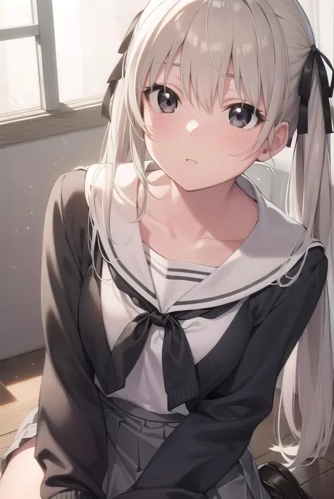 sorakasugano, <lora:sorakasugano-lora-nochekaiser:1>,
sora kasugano, ahoge, (black eyes:1.5), hair between eyes, hair ribbon, long hair, twintails, black ribbon, white hair, (flat chest:1.2),
BREAK black footwear, black pantyhose, grey ribbon, grey skirt, loafers, long sleeves, miniskirt, pantyhose, pleated skirt, sailor collar, school uniform, serafuku, shoes, skirt, white sailor collar, white serafuku,
BREAK looking at viewer,
BREAK indoors,
BREAK <lyco:GoodHands-beta2:1>, (masterpiece:1.2), best quality, high resolution, unity 8k wallpaper, (illustration:0.8), (beautiful detailed eyes:1.6), extremely detailed face, perfect lighting, extremely detailed CG, (perfect hands, perfect anatomy),