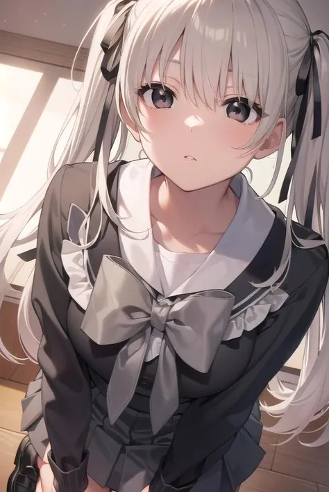 sorakasugano, <lora:sorakasugano-lora-nochekaiser:1>,
sora kasugano, ahoge, (black eyes:1.5), hair between eyes, hair ribbon, long hair, twintails, black ribbon, white hair, (flat chest:1.2),
BREAK black footwear, black pantyhose, grey ribbon, grey skirt, loafers, long sleeves, miniskirt, pantyhose, pleated skirt, sailor collar, school uniform, serafuku, shoes, skirt, white sailor collar, white serafuku,
BREAK looking at viewer,
BREAK indoors,
BREAK <lyco:GoodHands-beta2:1>, (masterpiece:1.2), best quality, high resolution, unity 8k wallpaper, (illustration:0.8), (beautiful detailed eyes:1.6), extremely detailed face, perfect lighting, extremely detailed CG, (perfect hands, perfect anatomy),