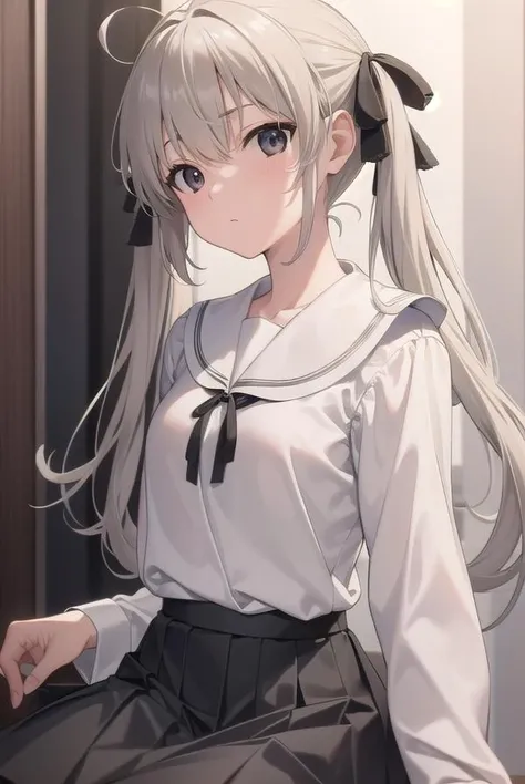 sorakasugano, <lora:sorakasugano-lora-nochekaiser:1>,
sora kasugano, ahoge, (black eyes:1.5), hair between eyes, hair ribbon, long hair, twintails, black ribbon, white hair, (flat chest:1.2),
BREAK black footwear, black pantyhose, grey ribbon, grey skirt, loafers, long sleeves, miniskirt, pantyhose, pleated skirt, sailor collar, school uniform, serafuku, shoes, skirt, white sailor collar, white serafuku,
BREAK looking at viewer,
BREAK indoors,
BREAK <lyco:GoodHands-beta2:1>, (masterpiece:1.2), best quality, high resolution, unity 8k wallpaper, (illustration:0.8), (beautiful detailed eyes:1.6), extremely detailed face, perfect lighting, extremely detailed CG, (perfect hands, perfect anatomy),