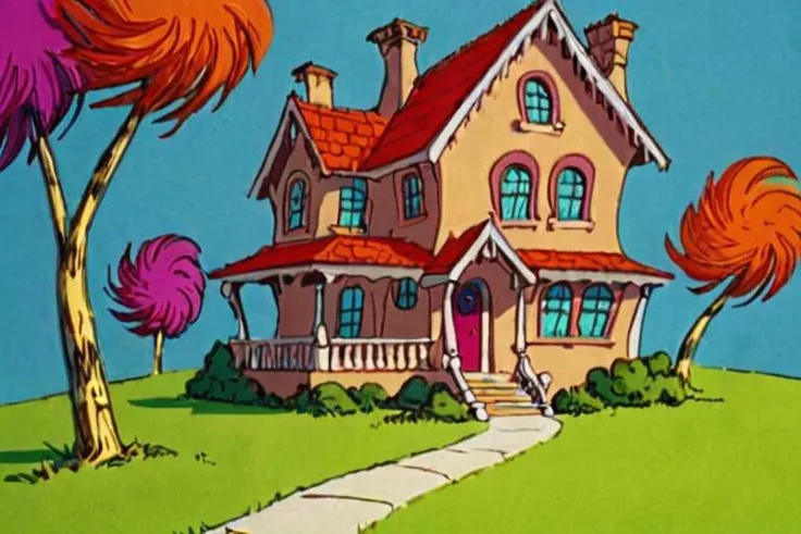 a frame of a animated film of a house, style drseussfilm <lora:Dr._Seuss_Film_Style_XL>