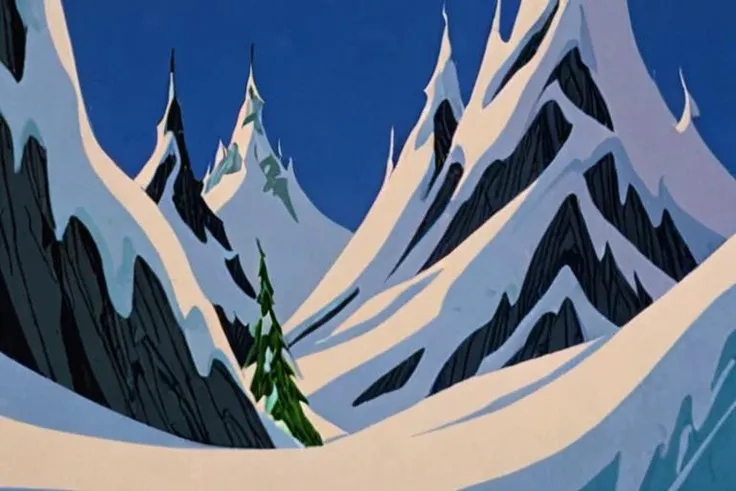 a frame of a animated film of a snowy mountain, style drseussfilm <lora:Dr._Seuss_Film_Style_XL>