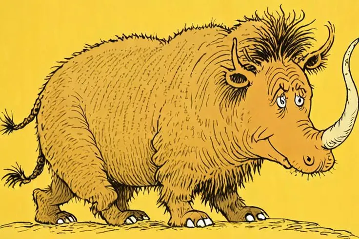 a children's book illustration of a yellow cartoon Woolly Rhinoceros  on a yellow background by Dr. Seuss <lora:Dr._Seuss_Style_XL>