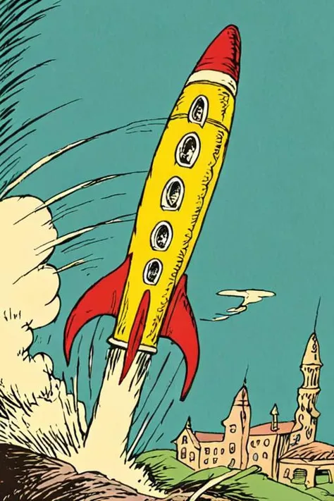 a children's book illustration of a rocket, by Dr. Seuss   <lora:Dr._Seuss_Style_XL>