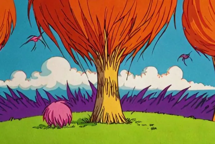a frame of a animated film of the Lorax, style drseussfilm <lora:Dr._Seuss_Film_Style_XL>